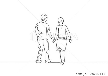Single continuous line drawing of young couple wife and husband walking together and holding hand, back view. Happy family parenting concept. Trendy one line draw design vector illustration 78202115