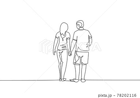 One continuous line drawing of young couple wife and husband walking and holding hand together, back view. Happy family parenting concept. Dynamic single line draw design vector illustration 78202116