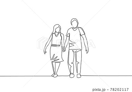 One continuous line drawing of young couple wife and husband walking and holding hand together at park. Happy family parenting concept. Dynamic single line draw design vector illustration 78202117