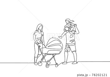 One continuous line drawing of young mother pushing baby stroller at park while father carrying his son on shoulder. Happy family parenting concept. Dynamic single line draw design vector illustration One continuous line drawing of young mother pushing baby stroller at park while father carrying his son on shoulder. Happy family parenting concept. Dynamic single line draw design vector illustration 78202121