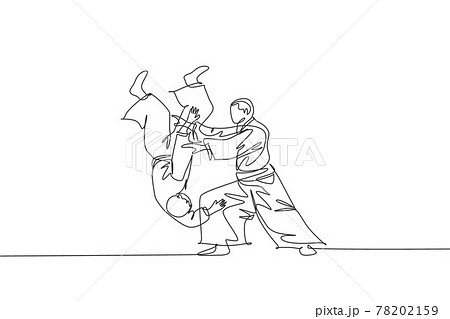 One single line drawing of young energetic man wearing kimono exercise aikido throw technique in sport hall vector illustration. Healthy lifestyle sport concept. Modern continuous line draw design One single line drawing of young energetic man wearing kimono exercise aikido throw technique in sport hall vector illustration. Healthy lifestyle sport concept. Modern continuous line draw design 78202159