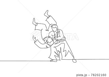 One continuous line drawing of two young men aikido fighter practice fighting train slamming technique at dojo center. Martial art sport concept. Dynamic single line draw design vector illustration 78202160
