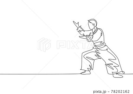 Single continuous line drawing young sportive man wearing kimono practice aikido fighting stance pose technique. Japanese martial art concept. Trendy one line draw design vector illustration graphic Single continuous line drawing young sportive man wearing kimono practice aikido fighting stance pose technique. Japanese martial art concept. Trendy one line draw design vector illustration graphic 78202162