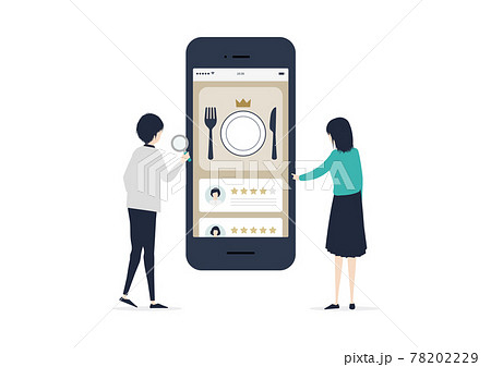 グルメサイトでクチコミを調べる日本人カップルのイラスト素材 グルメサイトでクチコミを調べる日本人カップルのイラスト素材 78202229