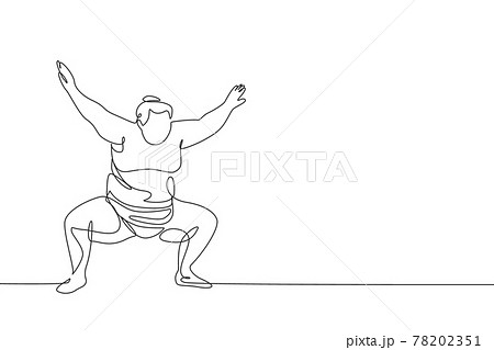 One single line drawing of young overweight Japanese sumo man ready to fight at arena competition vector illustration. Traditional rikishi combative sport concept. Modern continuous line draw design 78202351