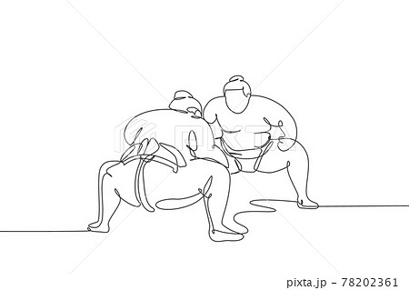 One continuous line drawing of two young big Japanese rikishi men prepare to fight at festival tournament. Traditional sumo sport concept. Dynamic single line draw design graphic vector illustration 78202361