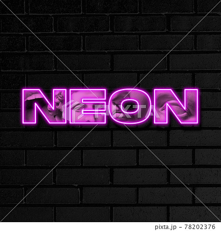Contemporary modern art collage. Neon sign lettering isolated on dark empty brick wall background. 78202376