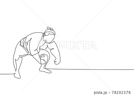 One single line drawing of young overweight Japanese sumo man ready to fight at arena competition vector illustration. Traditional rikishi combative sport concept. Modern continuous line draw design 78202378