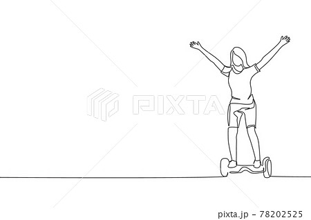 One continuous line drawing of young happy woman stand and ride hoverboard at outdoor park. Green transportation. Future urban lifestyle concept. Dynamic single line draw design vector illustration One continuous line drawing of young happy woman stand and ride hoverboard at outdoor park. Green transportation. Future urban lifestyle concept. Dynamic single line draw design vector illustration 78202525