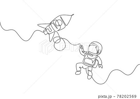 One single line drawing of astronaut in spacesuit floating and discovering deep space with rocket spaceship vector illustration. Exploring outer space concept. Modern continuous line draw design 78202569