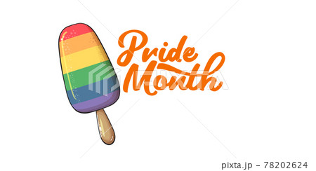 Happy pride month horizontal banner with pride color flag ice cream isolated on white background. LGBT Pride month or pride day poster, invitation party card with popsicle 78202624