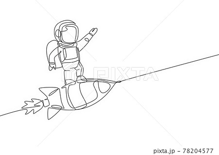 Single continuous line drawing of astronaut in spacesuit flying at outer space while standing on rocket spacecraft. Science milky way astronomy concept. Trendy one line draw design vector illustration Single continuous line drawing of astronaut in spacesuit flying at outer space while standing on rocket spacecraft. Science milky way astronomy concept. Trendy one line draw design vector illustration 78204577