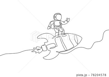 One single line drawing of astronaut in spacesuit flying and discovering deep space while standing on rocket spaceship illustration. Exploring outer space concept. Modern continuous line draw design 78204578