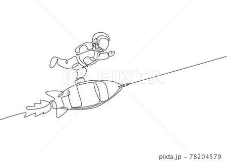 One single line drawing of astronaut in spacesuit floating and discovering deep space while standing at rocket spaceship illustration. Exploring outer space concept. Modern continuous line draw design One single line drawing of astronaut in spacesuit floating and discovering deep space while standing at rocket spaceship illustration. Exploring outer space concept. Modern continuous line draw design 78204579