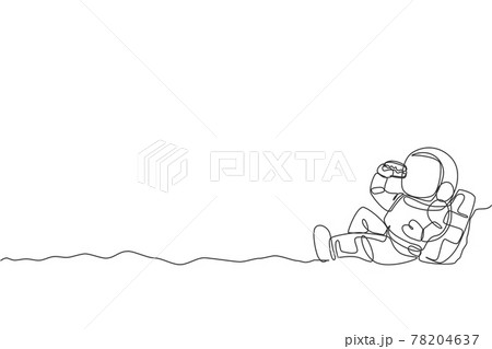 Single continuous line drawing of spaceman sitting relax on moon surface and eating delicious beef burger. Fantasy fiction of outer space life concept. Trendy one line draw design vector illustration Single continuous line drawing of spaceman sitting relax on moon surface and eating delicious beef burger. Fantasy fiction of outer space life concept. Trendy one line draw design vector illustration 78204637