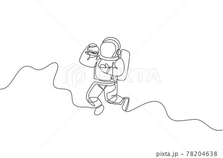 One continuous line drawing of cosmonaut eating fresh delicious burger in galactic universe. Fantasy outer space astronaut life concept. Dynamic single line draw design vector illustration graphic 78204638
