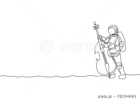 One single line drawing of spaceman cellist playing cello musical instrument on moon surface vector illustration. Music concert poster with space astronaut concept. Modern continuous line draw design One single line drawing of spaceman cellist playing cello musical instrument on moon surface vector illustration. Music concert poster with space astronaut concept. Modern continuous line draw design 78204663