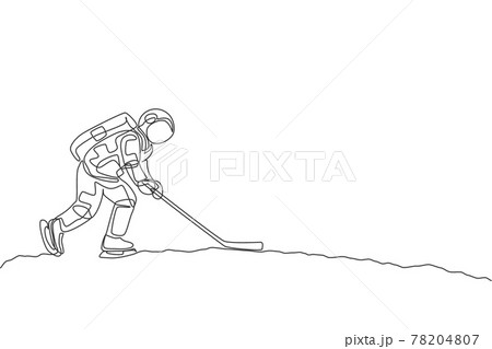 One continuous line drawing of astronaut training ice hockey on moon surface, deep space galaxy. Spaceman healthy fitness sport concept. Dynamic single line draw design graphic vector illustration 78204807