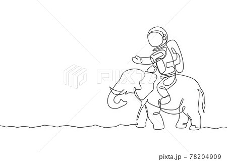 One continuous line drawing of cosmonaut with spacesuit riding Aisan elephant, wild animal in moon surface. Astronaut zoo safari journey concept. Trendy single line draw design vector illustration 78204909