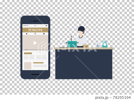 レシピサイトを見ながら料理をする日本人女性のイラスト素材 78205104