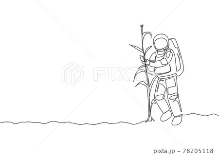 One single line drawing of astronaut picking corn from plant in moon surface vector illustration. Outer space farming harvest concept. Modern continuous line draw design graphic One single line drawing of astronaut picking corn from plant in moon surface vector illustration. Outer space farming harvest concept. Modern continuous line draw design graphic 78205118