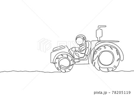 One single line drawing of astronaut riding tractor to leveling and flattening the ground in moon surface vector illustration. Outer space farming concept. Modern continuous line graphic draw design One single line drawing of astronaut riding tractor to leveling and flattening the ground in moon surface vector illustration. Outer space farming concept. Modern continuous line graphic draw design 78205119