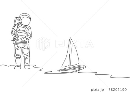 One single line drawing of astronaut playing sailboat radio control in moon land vector graphic illustration. Doing hobby while leisure time in deep space concept. Modern continuous line draw design One single line drawing of astronaut playing sailboat radio control in moon land vector graphic illustration. Doing hobby while leisure time in deep space concept. Modern continuous line draw design 78205190