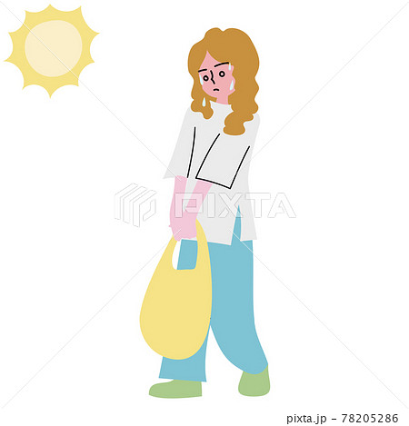 暑い日に重たい荷物を運ぶ女性の人物イラスト 78205286