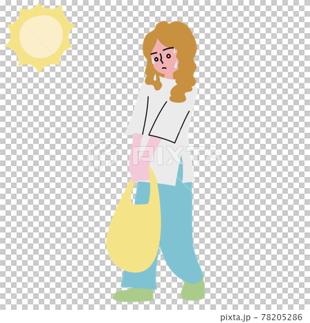 暑い日に重たい荷物を運ぶ女性の人物イラスト 78205286