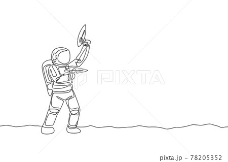 One continuous line drawing of young astronaut shoot using space laser gun to kill enemy in moon surface. Cosmic galaxy space concept. Dynamic single line draw graphic design vector illustration 78205352