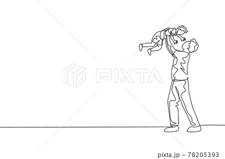 Single continuous line drawing young happy father raising his son up in the air playing together at home, fun fatherhood. Happy family concept. Trendy one line draw design vector illustration graphic Single continuous line drawing young happy father raising his son up in the air playing together at home, fun fatherhood. Happy family concept. Trendy one line draw design vector illustration graphic 78205393