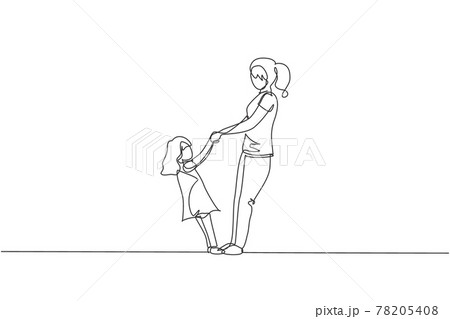 Single continuous line drawing of young mother and her daughter holding hands and dancing together at home. Happy family parenting concept. Trendy one line draw graphic design vector illustration 78205408