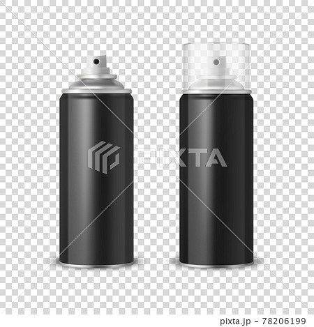Vector 3d Realistic Black Aluminum Blank Spray Can, Bottle, Transparent Lid Set Isolated. Design Template, Sprayer Can, Mock up, Package, Advertising, Hairspray, Deodorant. Front View 78206199