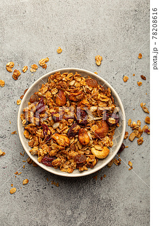 Healthy homemade breakfast granola in bowl top view Healthy homemade breakfast granola in bowl top view 78208616