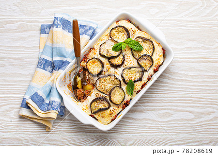 Greek baked dish Moussaka from above Greek baked dish Moussaka from above 78208619