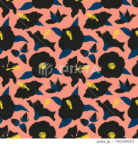 Seamless pattern with modern minimalist black hibiscus flowers, buds and leaves. On pink background Seamless pattern with modern minimalist black hibiscus flowers, buds and leaves. On pink background 78209051