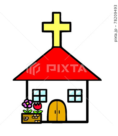 Illustration of a church with a red roof - Stock Illustration [78209493