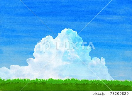 緑の草原に青空と夏雲水彩画のイラスト素材 7099
