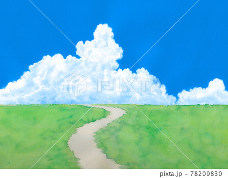 緑の草原に青空と夏雲水彩画のイラスト素材 7090