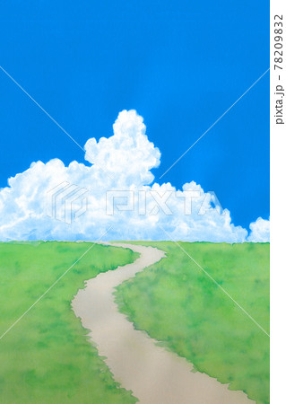 緑の草原に青空と夏雲水彩画のイラスト素材 7092