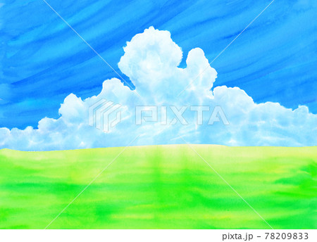 緑の草原に青空と夏雲水彩画のイラスト素材 7093