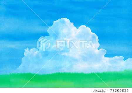 緑の草原に青空と夏雲水彩画のイラスト素材 7095