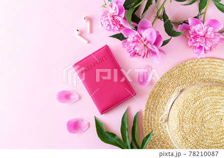 Summer travel holiday background with passport hat earphone and flowers 78210087
