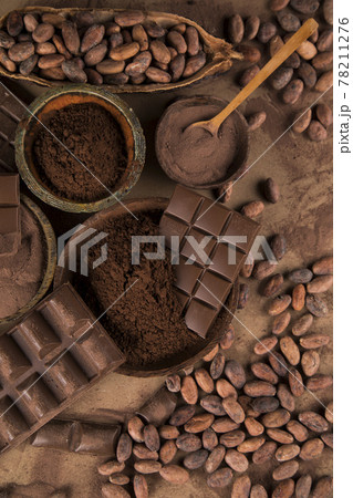Chocolate bar, candy sweet, cacao beans and powder 78211276