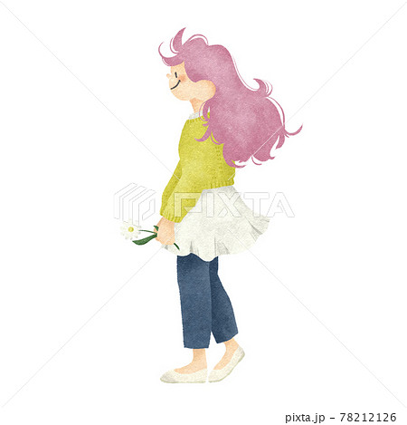花をもったロングヘアの横向きの女性手描きイラスト 78212126