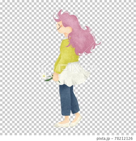 花をもったロングヘアの横向きの女性手描きイラスト 78212126