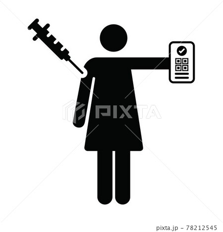 Vaccine card icon vector with female pictogram symbol for medical and healthcare covid certificate in a glyph illustration Vaccine card icon vector with female pictogram symbol for medical and healthcare covid certificate in a glyph illustration 78212545