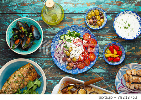 Assorted traditional Greek dishes from above Assorted traditional Greek dishes from above 78213753