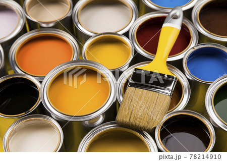 Open paint cans with a brush, Rainbow colors 78214910