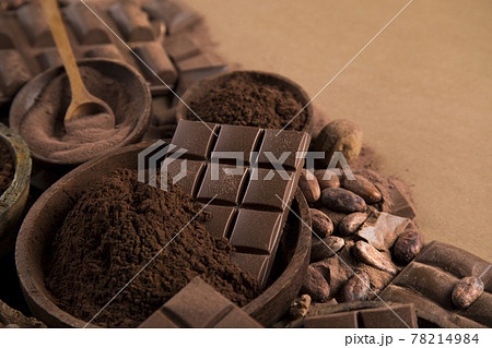 Chocolate sweet, cocoa pod and food dessert background 78214984